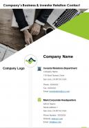 One page companys business and investor relation contact report infographic ppt pdf document