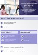 One page companys major steps to boost value for shareholders presentation report infographic ppt pdf document