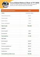 One page consolidated balance sheet of fy 2020 template 433 report infographic ppt pdf document