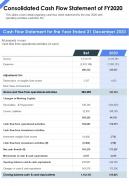 One Page Consolidated Cash Flow Statement Of Fy2020 Template 385 Report Infographic PPT PDF Document