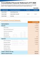 One page consolidated financial statement of fy 2020 presentation report infographic ppt pdf document