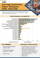 One Page Construction Project Workspace Safety Policy Brief Presentation Report Infographic PPT PDF Document