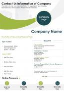 One Page Contact Us Information Of Company Presentation Report Infographic PPT PDF Document