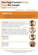 One page content writer team bio sample presentation report infographic ppt pdf document