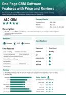 One page crm software features with price and reviews presentation report infographic ppt pdf document