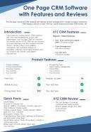 One page crm software with features and reviews presentation report infographic ppt pdf document