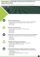 One page determine corporate governance practices for agricultural firm infographic ppt pdf document