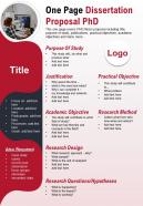One page dissertation proposal phd presentation report infographic ppt pdf document