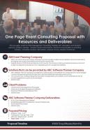One page event consulting proposal with resources and deliverables report infographic ppt pdf document
