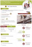 One Page Executive Summary For Forestry Plans To Control Deforestation Report Infographic PPT PDF Document