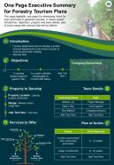 One page executive summary for forestry tourism plans presentation report infographic ppt pdf document