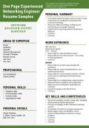 One page experienced networking engineer resume samples presentation report infographic ppt pdf document