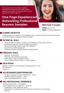 One page experienced networking professional resume samples presentation report infographic ppt pdf document