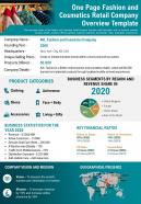 One Page Fashion And Cosmetics Retail Company Overview Template Presentation Report Infographic PPT PDF Document