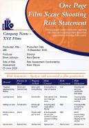 One Page Film Scene Shooting Risk Statement Presentation Report PPT PDF Document