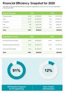 One page financial efficiency snapshot for 2020 presentation report infographic ppt pdf document