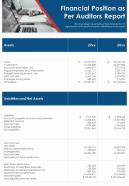 One page financial position as per auditors report presentation report infographic ppt pdf document