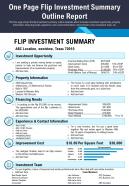 One page flip investment summary outline report presentation report infographic ppt pdf document