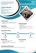 One page for cafe bistro business plan presentation report infographic ppt pdf document