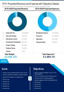 One Page Fy21 Projected Revenue And Expense With Objective Details Report Infographic PPT PDF Document