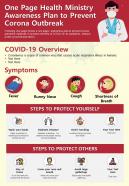 One page health ministry awareness plan to prevent corona outbreak report infographic ppt pdf document