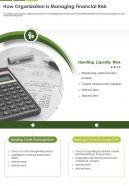 One page how organization is managing financial risk presentation report infographic ppt pdf document