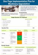 One page implementation plan for machinery upgradation presentation report infographic ppt pdf document