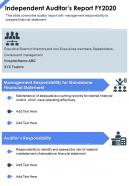 One page independent auditors report fy2020 presentation report infographic ppt pdf document