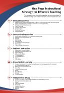One page instructional strategy for effective teaching presentation report infographic ppt pdf document