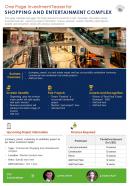 One page investment teaser for shopping and entrainment complex presentation report infographic ppt pdf document