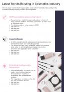 One page latest trends existing in cosmetics industry presentation report infographic ppt pdf document