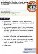 One page letter from the director of food pantry presentation report infographic ppt pdf document