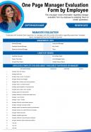 One page manager evaluation form by employee presentation report ppt pdf document