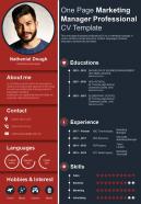 One page marketing manager professional cv template presentation report infographic ppt pdf document