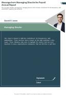 One Page Message From Managing Director For Payroll Annual Report Infographic PPT PDF Document