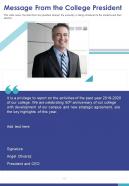 One page message from the college president presentation report infographic ppt pdf document