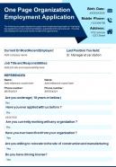 One page organization employment application presentation report infographic ppt pdf document