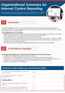 One Page Organizational Summary For Internal Control Reporting Report Infographic PPT PDF Document