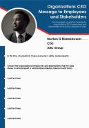 One page organizations ceo message to employees and stakeholders report infographic ppt pdf document