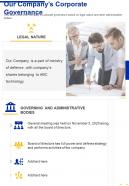 One page our companys corporate governance presentation report infographic ppt pdf document
