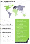 One page our geographic presence presentation report infographic ppt pdf document