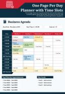 One page per day planner with time slots presentation report infographic ppt pdf document