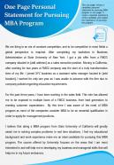 One page personal statement for pursuing mba program presentation report infographic ppt pdf document
