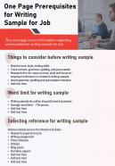 One page prerequisites for writing sample for job presentation report infographic ppt pdf document
