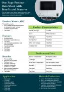 One Page Product Data Sheet With Benefit And Features Presentation Report Infographic PPT PDF Document