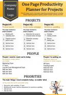 One page productivity planner for projects presentation report infographic ppt pdf document