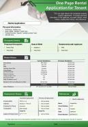 One Page Rental Application For Tenant Presentation Report Infographic PPT PDF Document