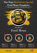 One page restaurant special food menu templates presentation report infographic ppt pdf document