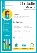One Page Resume For Experienced Language Teacher Presentation Report Infographic Ppt Pdf Document