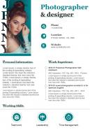 One Page Resume For Freelancer Photographer And Designer Presentation Report Infographic Ppt Pdf Document